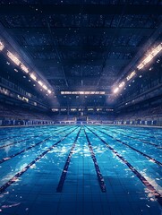 An Empty Olympic-Sized Swimming Pool at Night, Illuminated by Spotlights.