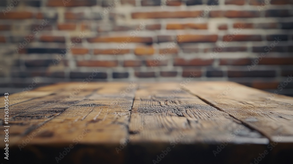 Poster a weathered wooden table's textures captured in detail, with a blurred brick background creating a c