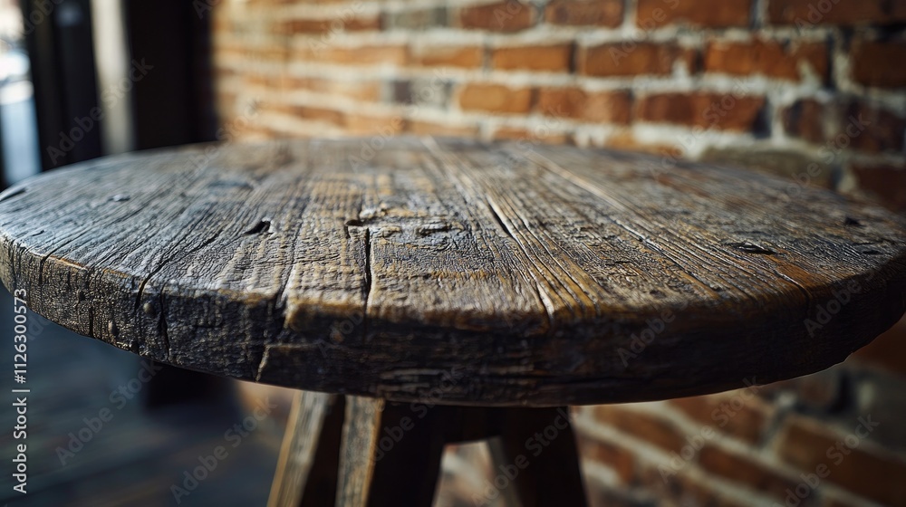 Poster a weathered wooden table's textures captured in detail, with a blurred brick background creating a c