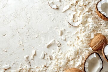 Shredded coconut flakes scattered around cracked coconut shells on a textured surface