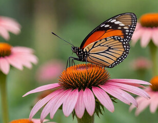 Obraz premium monarch butterfly, vibrant orange wings, black veins, white spots, yellow flowers, green leaves, soft focus background, macro photography, detailed wings, nature close-up, delicate insect, pollinator,