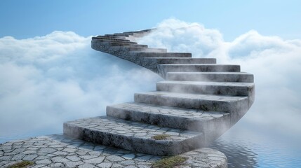 An infinite staircase ascending into the clouds, revealing glimpses of alternate realities