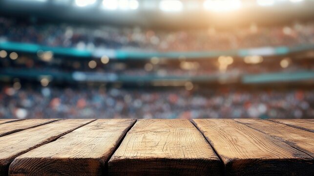 A wooden table surface in focus, with the lively atmosphere of a baseball stadium blurred in the background, adding energy to the scene