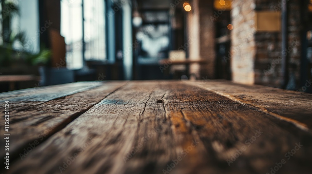 Poster an aged wooden table surface in sharp focus, with a blurred rustic brick wall behind, offering a coz