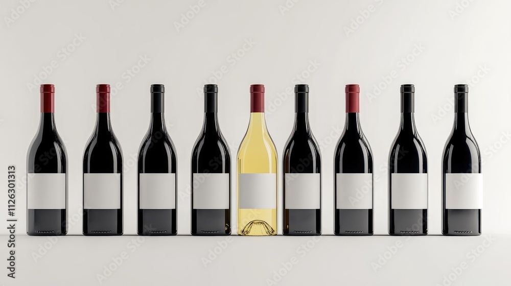 Poster an assortment of red and white wine bottles, each with blank labels, positioned on a white backgroun
