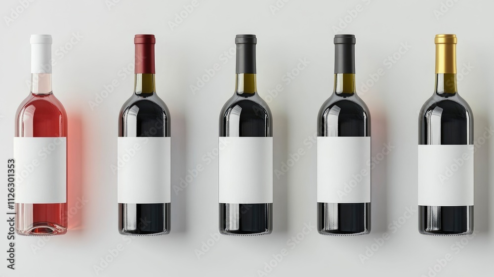 Poster An assortment of red and white wine bottles, each with blank labels, positioned on a white background, ideal for custom label design.