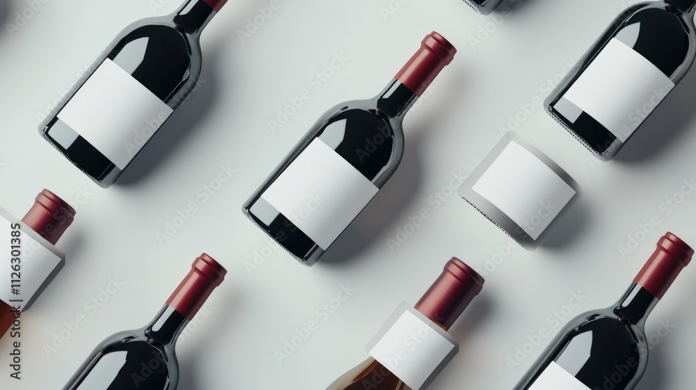 Poster An assortment of red and white wine bottles with empty labels, neatly arranged on a white surface, offering an ideal setting for personalized designs.