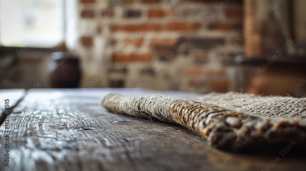 Poster an old wooden table surface in focus, with a blurred rustic brick wall in the background, adding war