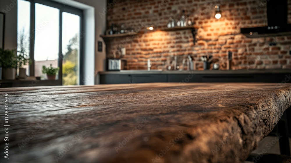 Poster an old wooden table surface in focus, with a blurred rustic brick wall in the background, adding war