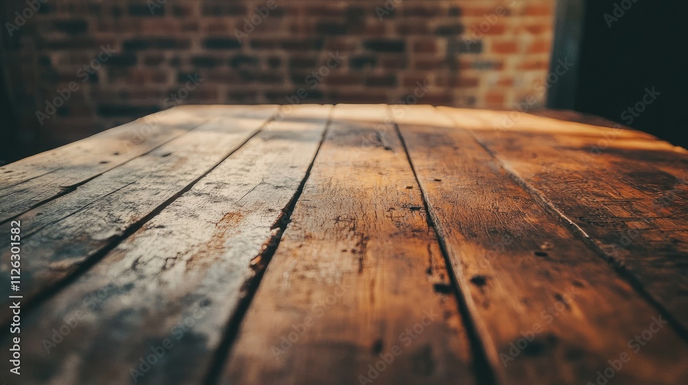 Poster an old wooden table surface in focus, with a blurred rustic brick wall in the background, adding war