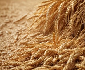 Freshly harvested golden wheat grains in a close-up view, ingredient, organic, seed