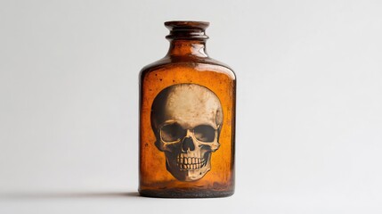 Antique dark amber poison bottle with a faded skull label, isolated against a clean white backdrop, evoking a sense of vintage mystery.