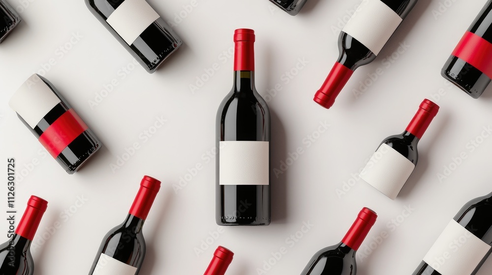 Poster artfully arranged red and white wine bottles with empty labels, set against a white backdrop, offeri