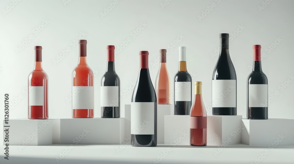 Poster artfully arranged red and white wine bottles with empty labels, set against a white backdrop, offeri