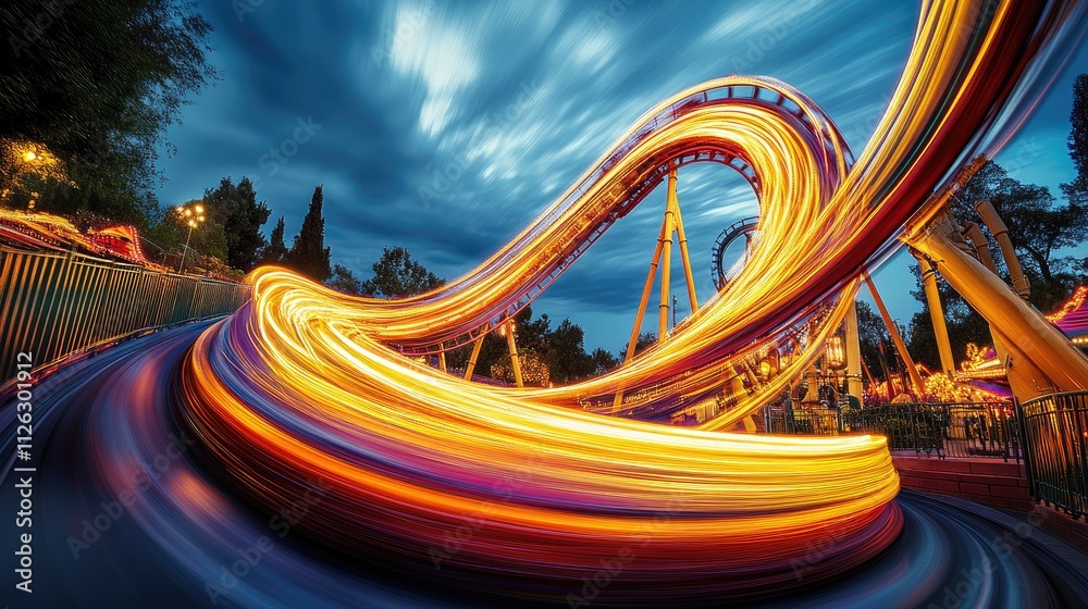 Poster Artistic capture of rollercoaster light trails in full motion, illuminated against a vibrant park setting, creating a dynamic and colorful scene.