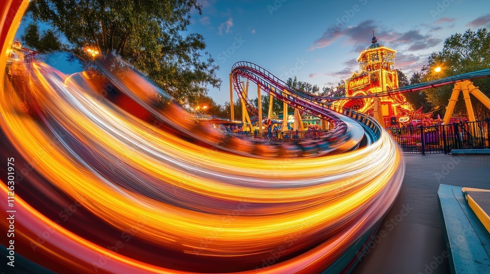Poster Artistic capture of rollercoaster light trails in full motion, illuminated against a vibrant park setting, creating a dynamic and colorful scene.