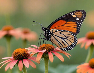 Obraz premium monarch butterfly, vibrant orange wings, black veins, white spots, yellow flowers, green leaves, soft focus background, macro photography, detailed wings, nature close-up, delicate insect, pollinator,
