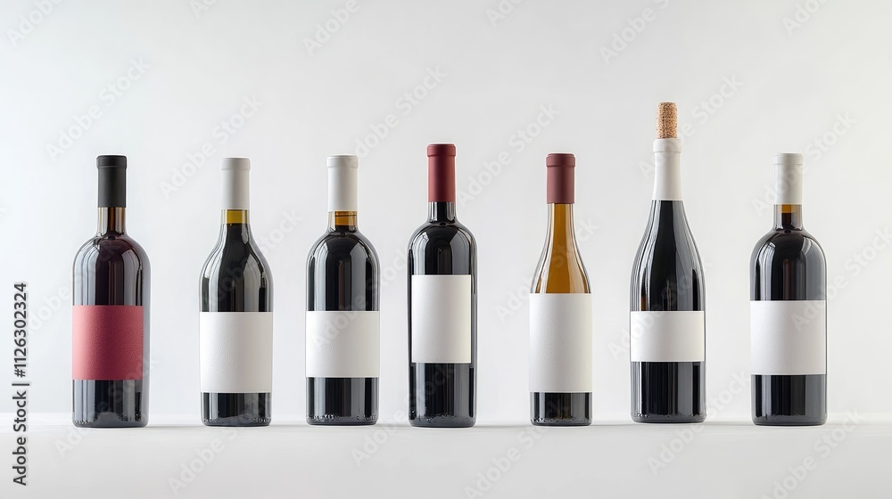 Poster Assorted red and white wine bottles with blank labels, artfully arranged on a white background, ready for text or design customization.