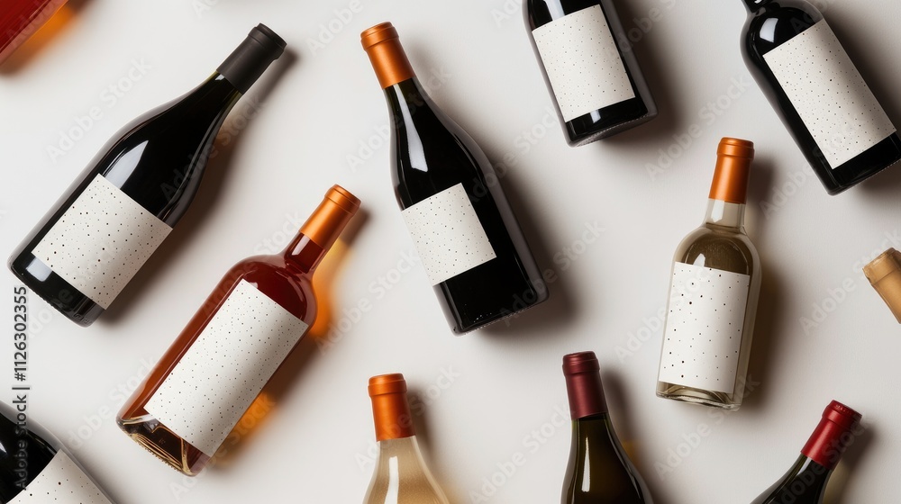 Aufkleber Assorted red and white wine bottles with blank labels, artfully arranged on a white background, ready for text or design customization.
