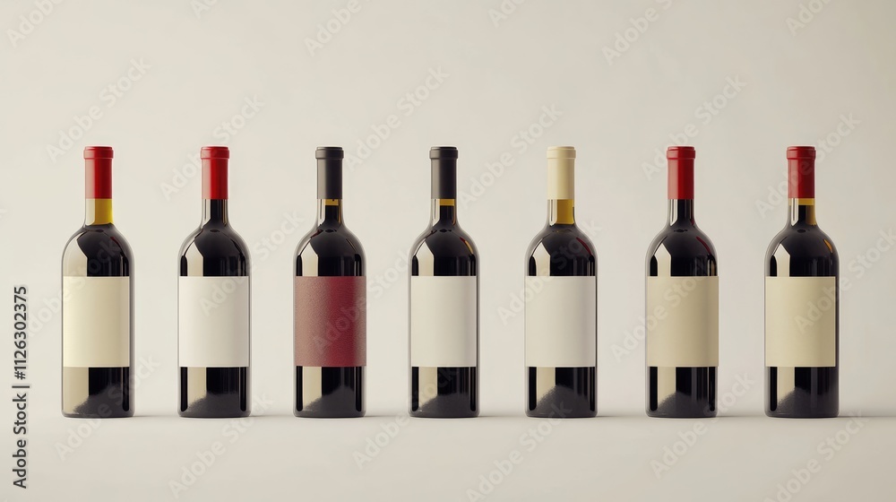 Poster Assorted red and white wine bottles with blank labels, artfully arranged on a white background, ready for text or design customization.