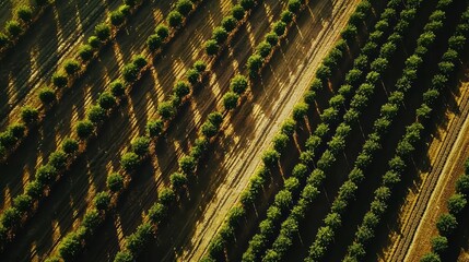 Fototapeta premium Aerial View of Lush Green Tree Rows in Sunny Agricultural Field