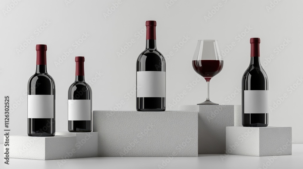Poster Assorted red and white wine bottles with blank labels on a pristine white backdrop, perfect for showcasing product design and customization options.