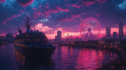Obraz premium Cruise Ship at Sunset with Ferris Wheel and City Skyline.