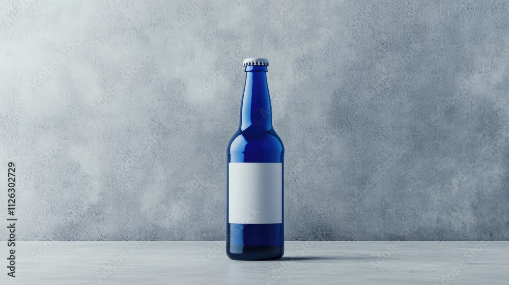 Poster bold blue beer bottle with a simple white label, set against a smooth grey background for an elegant