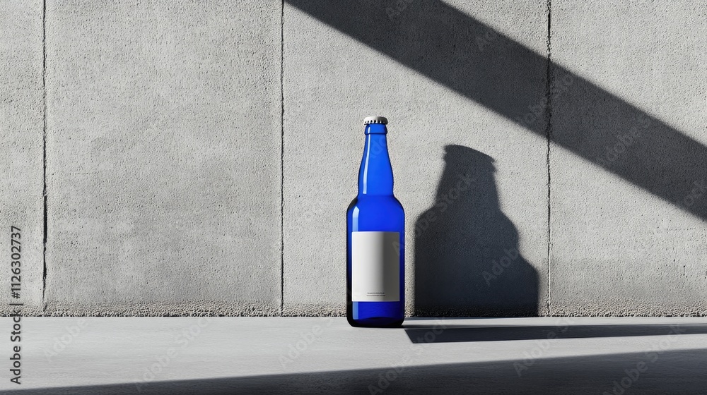Poster bold blue beer bottle with a simple white label, set against a smooth grey background for an elegant