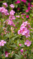Obraz premium Pink flowers blooming in a lush garden creating a beautiful and vibrant background, vibrant
