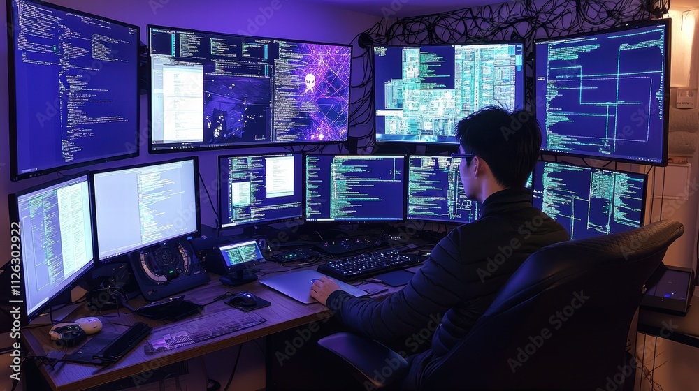Aufkleber home office setup with multiple monitors and coding environment