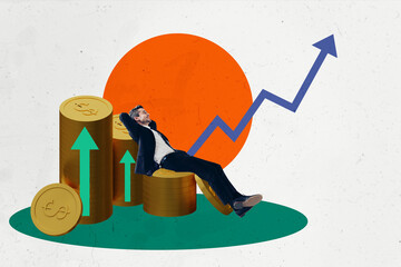 3D photo collage template trend artwork sketch of young man sit pile coins business stats goal...