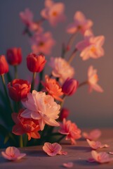 Obraz premium A beautiful arrangement of pink and orange tulips and daffodils in a soft, warm light