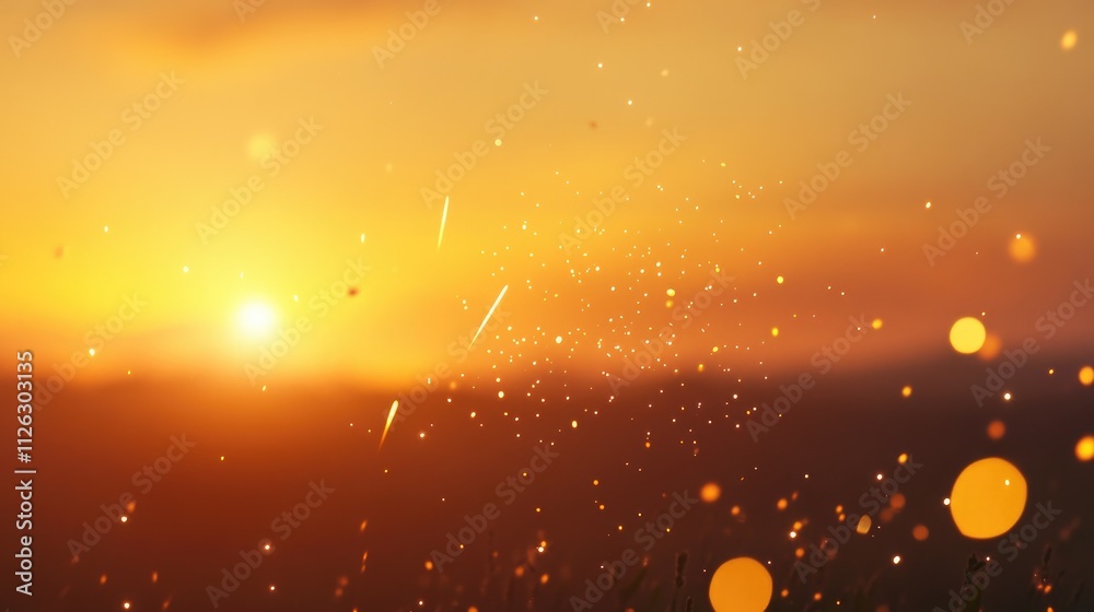 Poster bright golden falling stars streak across a glowing orange sky, with soft bokeh lights adding a magi