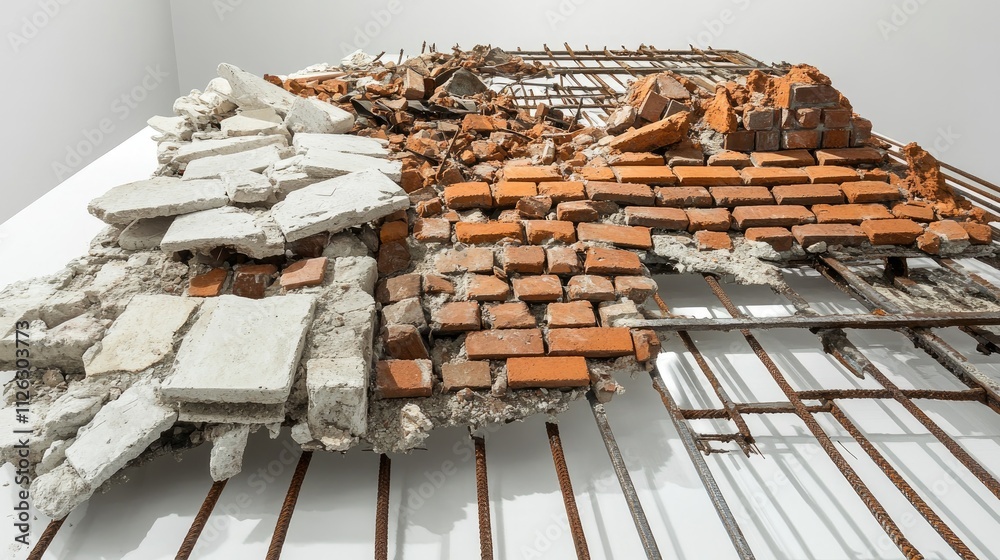 Poster broken bricks and steel bars from a collapsed building are arranged on a white surface, showcasing t