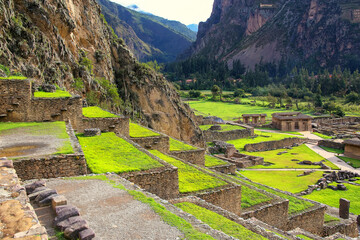 Terraces of Pumatallis at the Inca Fortress in Ollantaytambo, Peru