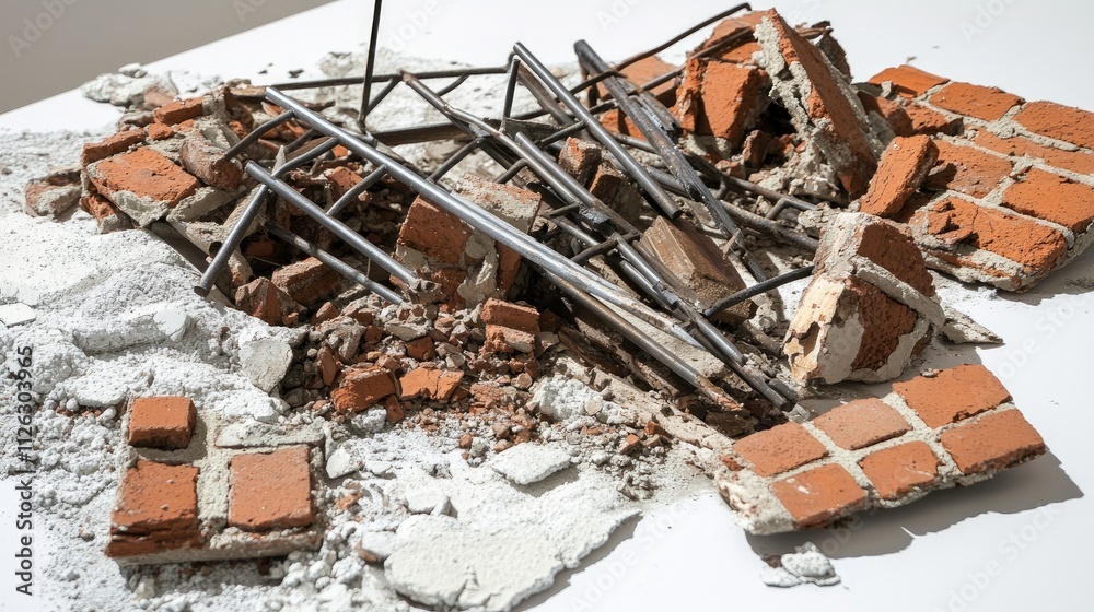 Poster broken bricks and steel bars from a collapsed building are arranged on a white surface, showcasing t