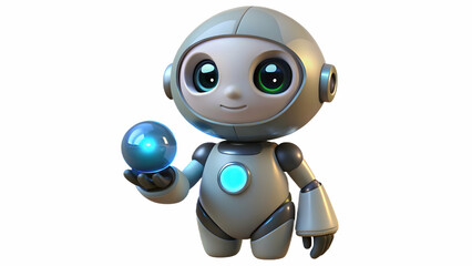 AI Robot A 3D rendering of a cute AI robot with oversized eyes and a smooth, metallic body, standing confidently against a white background