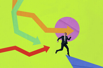 Composite photo collage of excited businessman run arrow development boss promotion wear formal suit isolated on painted background