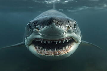 Fototapeta premium Underwater photo of a large shark with its mouth open. Generated by artificial intelligence