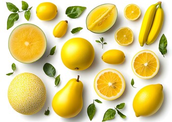 Vibrant Yellow Harvest, an array of fresh yellow fruits and vegetables showcasing their rich textures and vibrant colors, celebrating nature's bounty.