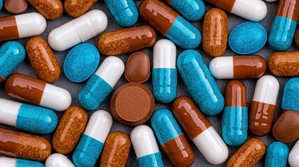 An assortment of colorful capsules and tablets scattered on a surface, showcasing various shapes and sizes in a vibrant arrangement.