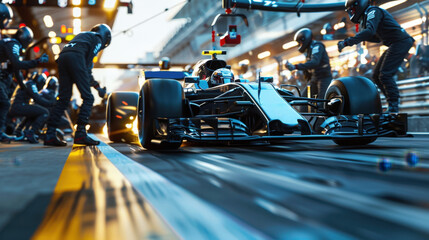 A Racing Car Accelerates from the Pit Stop in a Flurry of Action and Unsurpassed Precision
