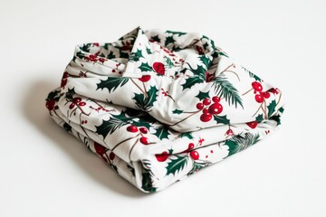 A beautifully folded fabric showcasing a festive pattern of red berries and green leaves perfect for holiday themes and Christmas decorations. Stylish and vibrant. Generative AI