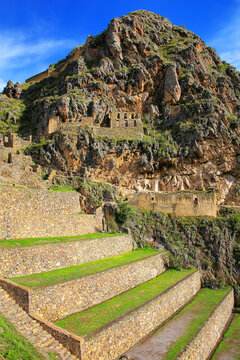 Terraces of Pumatallis at the Inca Fortress in Ollantaytambo, Peru