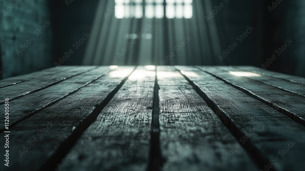 Poster close-up of a weathered wooden table, with a blurred view of a cold, empty jail cell and faint light