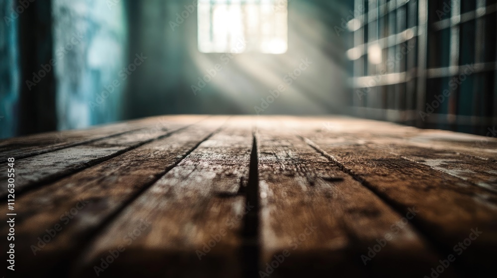 Poster close-up of a weathered wooden table, with a blurred view of a cold, empty jail cell and faint light