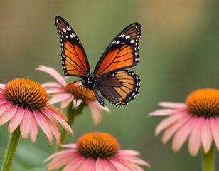 Fototapeta premium monarch butterfly, vibrant orange wings, black veins, white spots, yellow flowers, green leaves, soft focus background, macro photography, detailed wings, nature close-up, delicate insect, pollinator,