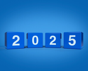 Fototapeta premium 3d rendering, illustration of 2025 letter on block cubes on light blue background, Happy new year 2025 cover concept