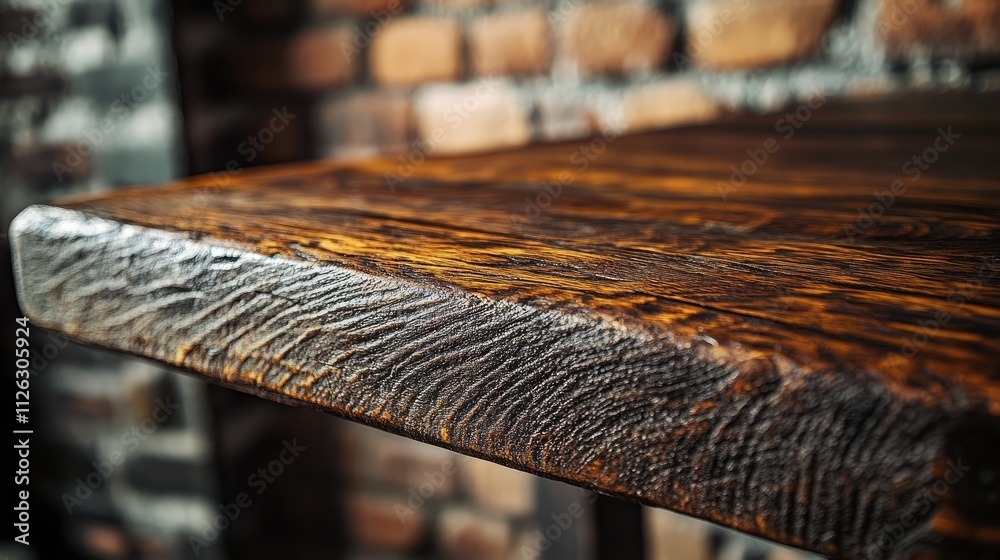 Poster close-up of an old wooden table with rich texture, set against a blurred rustic brick wall, creating